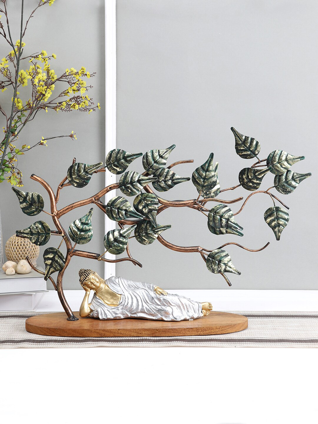 Aapno Rajasthan Sleeping Buddha Under Tree Green Metal Metallic Living Room Small Showpiece - 16.7 Inches