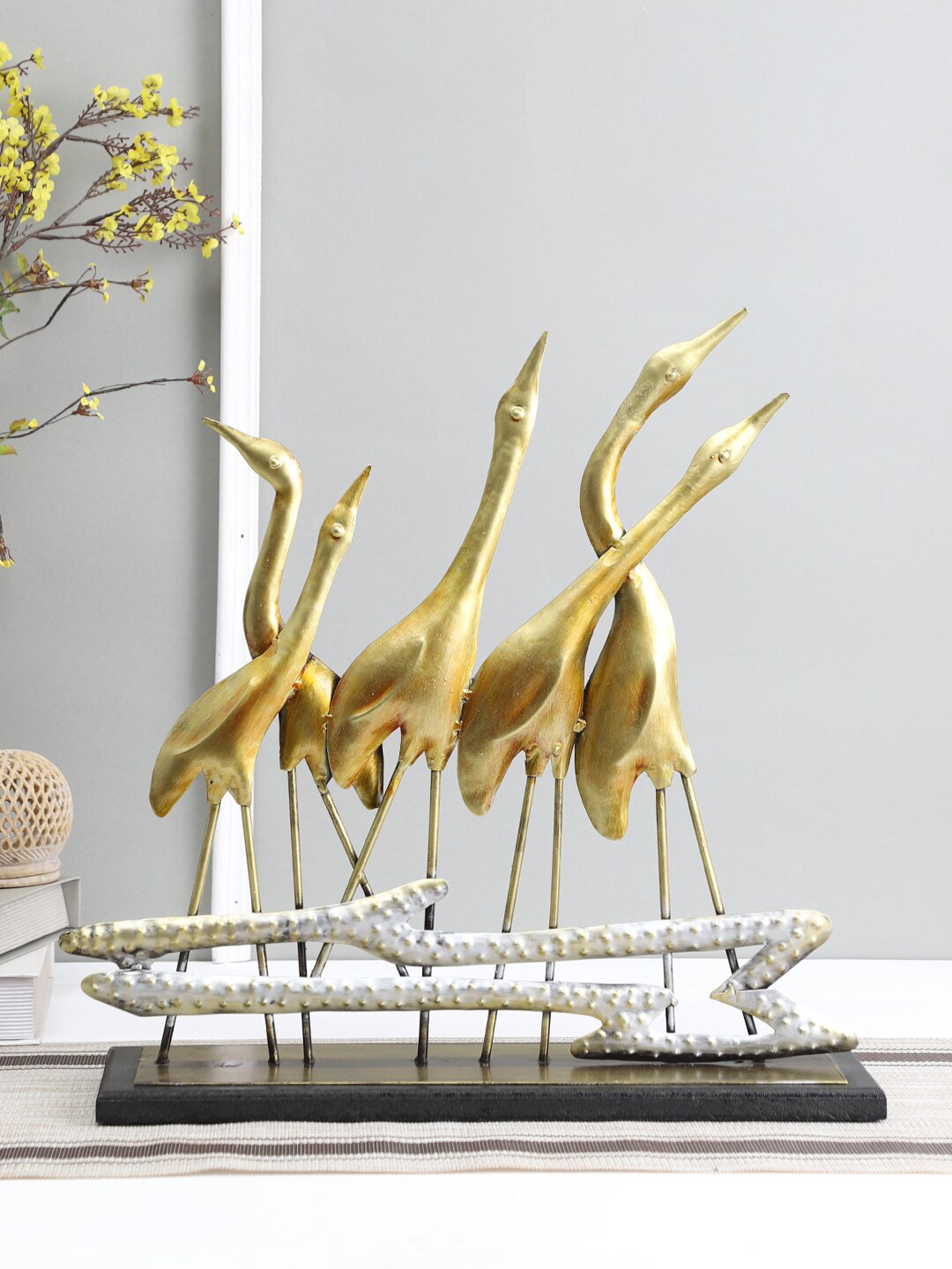 Aapno Rajasthan Monumental Flamingos Gold Metal Metallic Living Room Medium Showpiece - 17.5 Inches