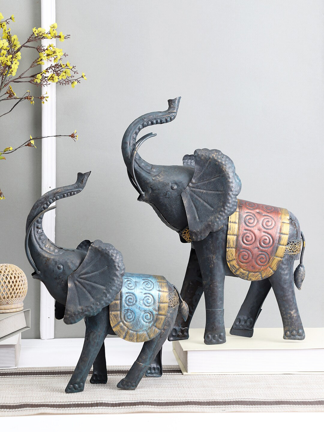 Aapno Rajasthan Gajraj Detailed Elephant Black Metal Metallic Living Room Set of 2 Small Showpieces - 16.7 Inches
