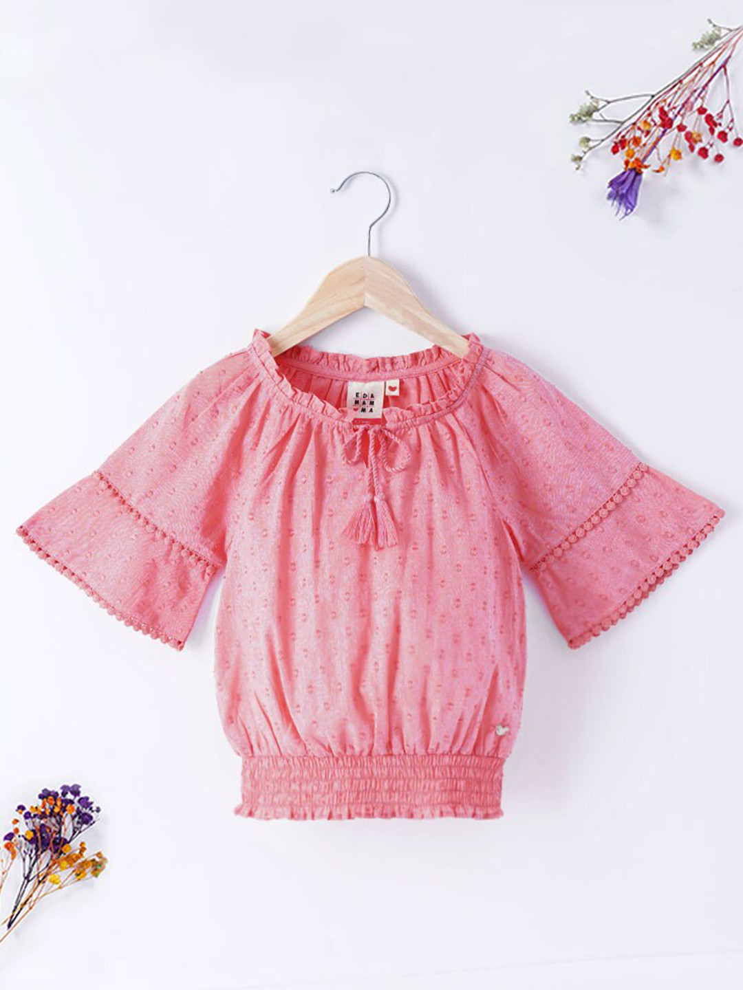 Ed-a-Mamma Pink Self Design Cotton Blouson Top