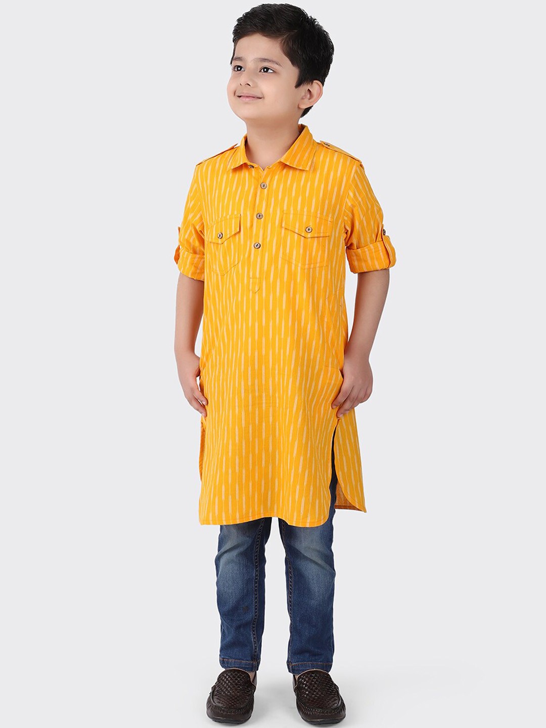 Fabindia Yellow Woven Pathani Kurta