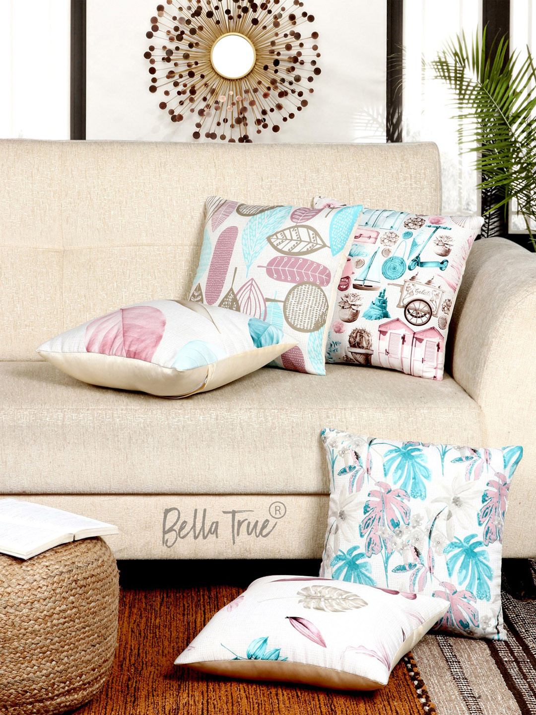 BELLA TRUE Digital Leaf Polyester Anti-Wrinkle 5 Pcs Square Cushion Covers - 16 x 16 In