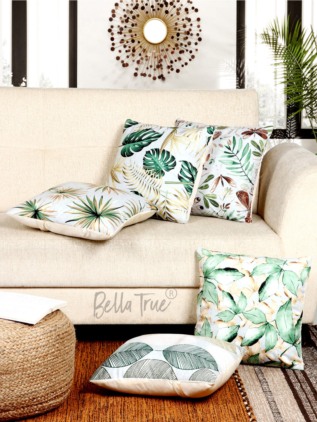 BELLA TRUE Green & White Set of 5 Floral Velvet Square Cushion Covers