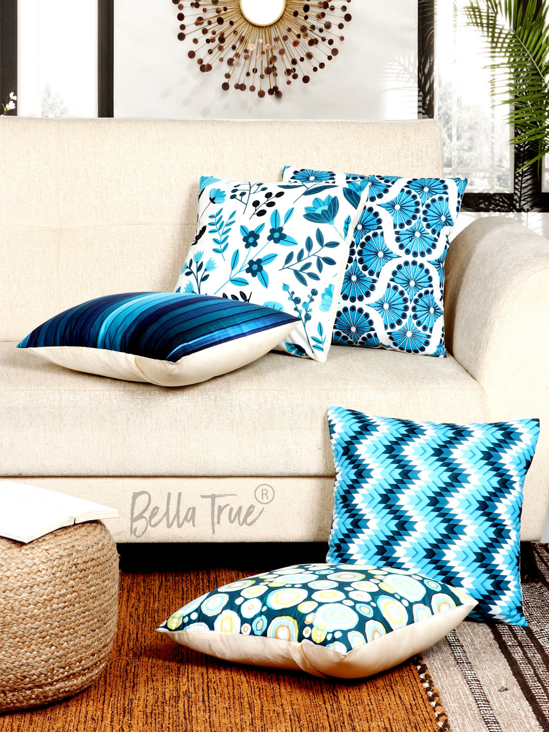 BELLA TRUE Blue & White Set of 5 Geometric Velvet Square Cushion Covers