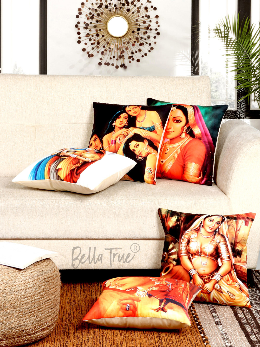 BELLA TRUE Villagegirls Graphic Polyester Silk HD Digital 5 Pcs Cushion Covers -16x16In