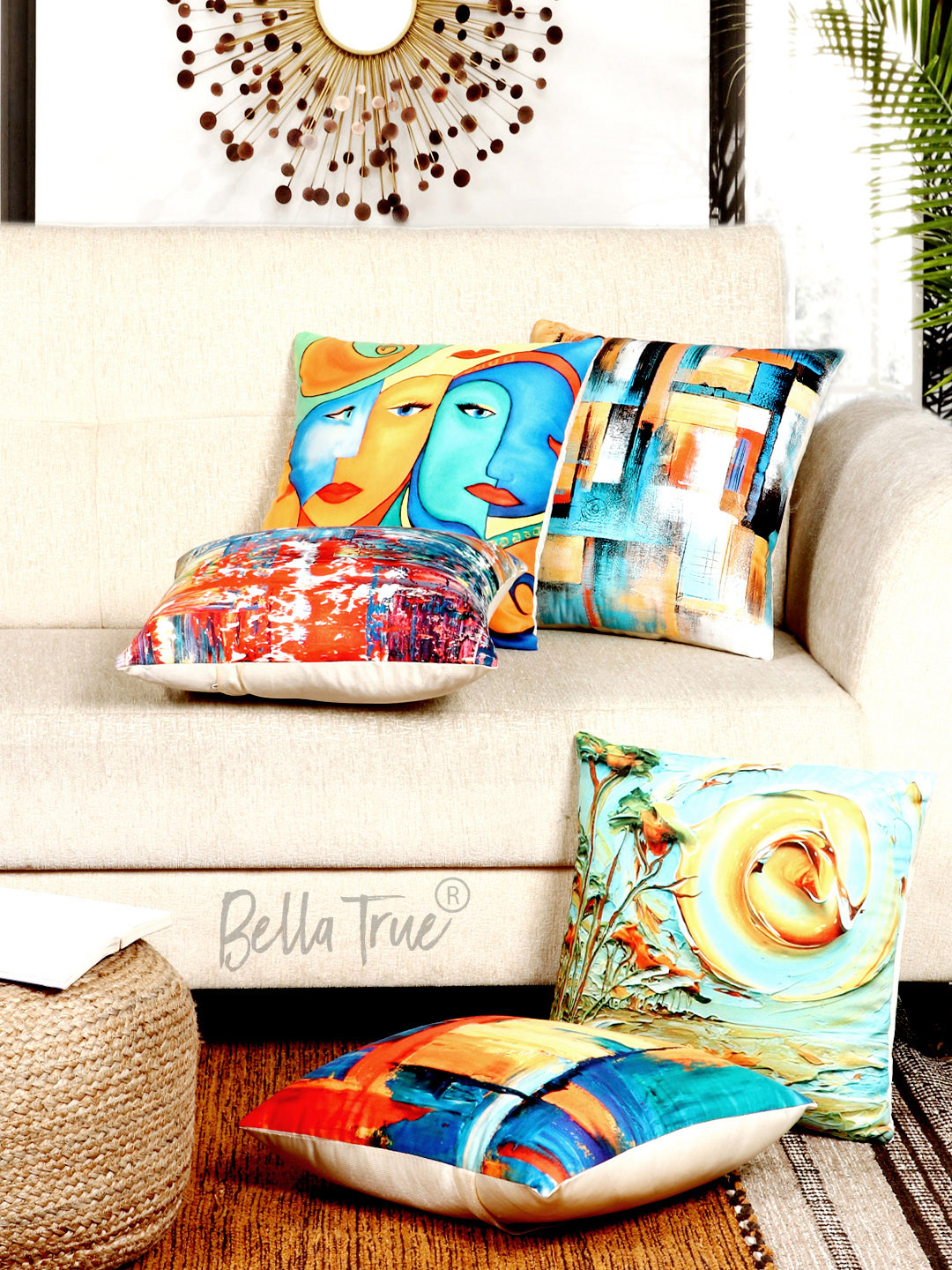 BELLA TRUE Multi Quirky Polyester Anti-Wrinkle 5 Pcs Patchwork Cushion Covers -16x16In