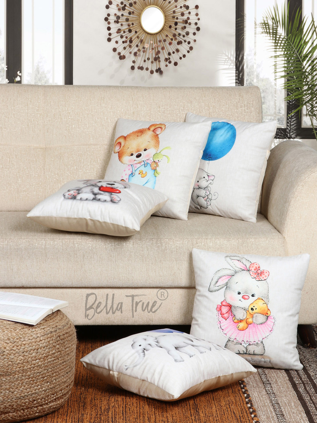 BELLA TRUE White Conversational Velvet Washable 5 Pcs Cushion Covers - 15.7 x 15.7 Inches