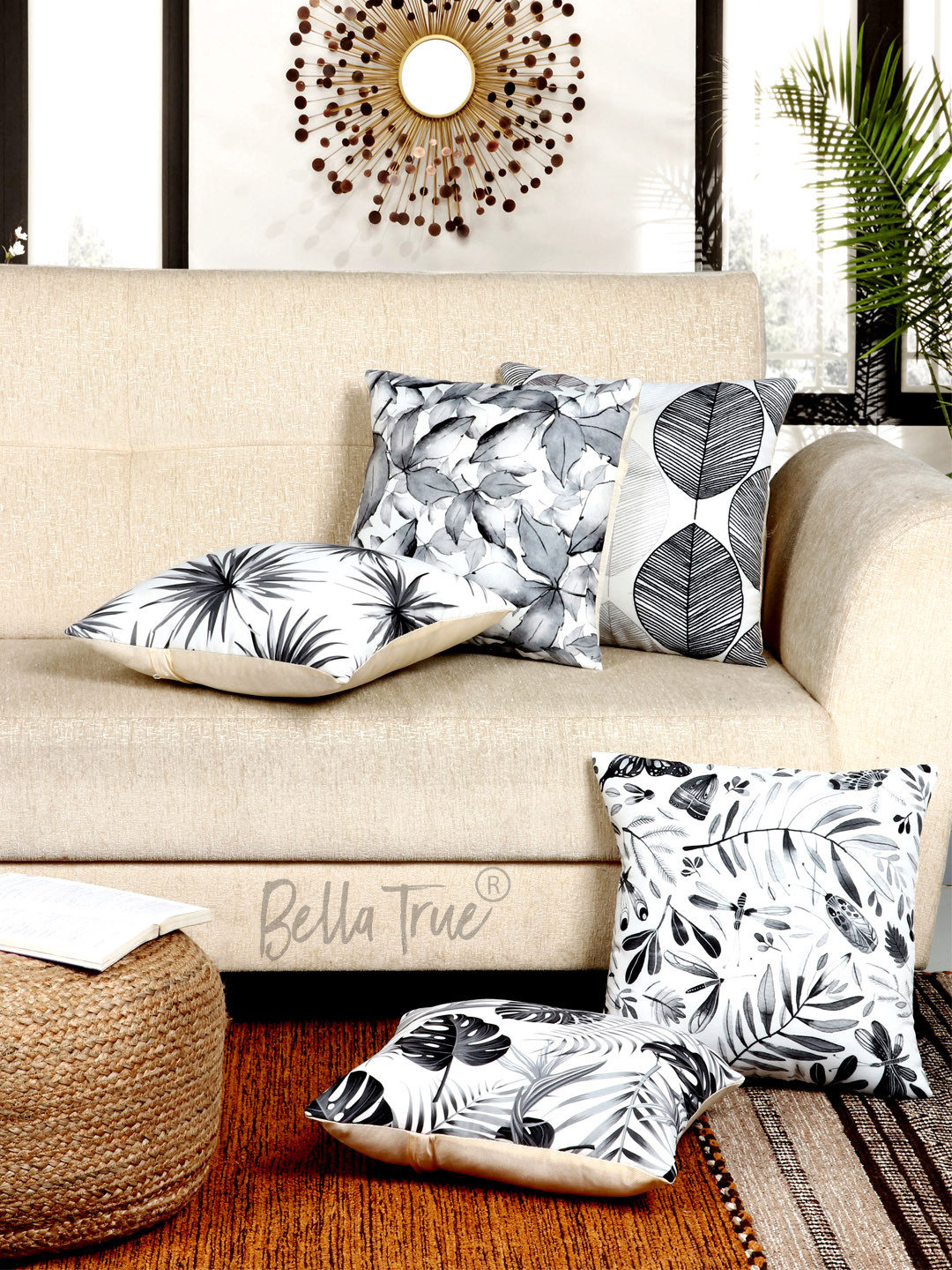 BELLA TRUE Blackleaf Leaf Polyester Quick-Dry 5 Pcs Square Cushion Covers - 15.7 x 15.7 In