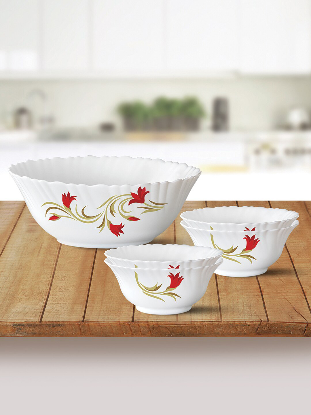 Larah by BOROSIL Fluted Red Lily White & Red 5 Pieces Floral Printed Opalware Glossy Bowls