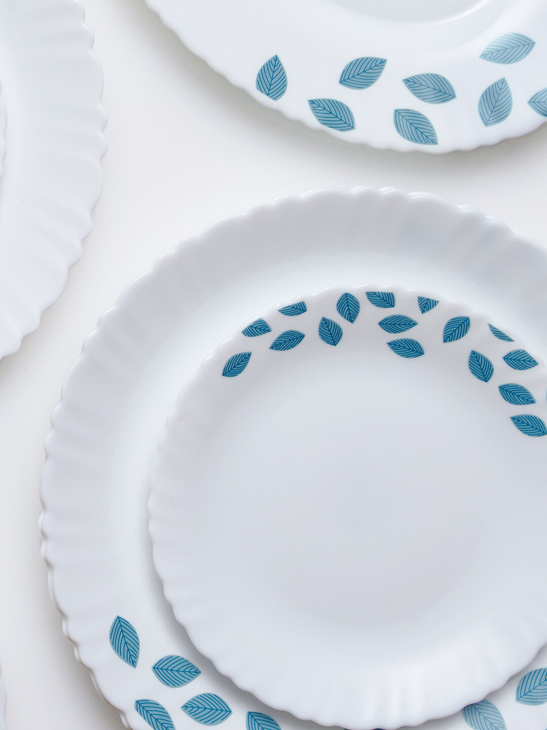 Larah by BOROSIL Fluted Blue Leaves Set Of 6 Floral Printed Opalware Glossy Plates