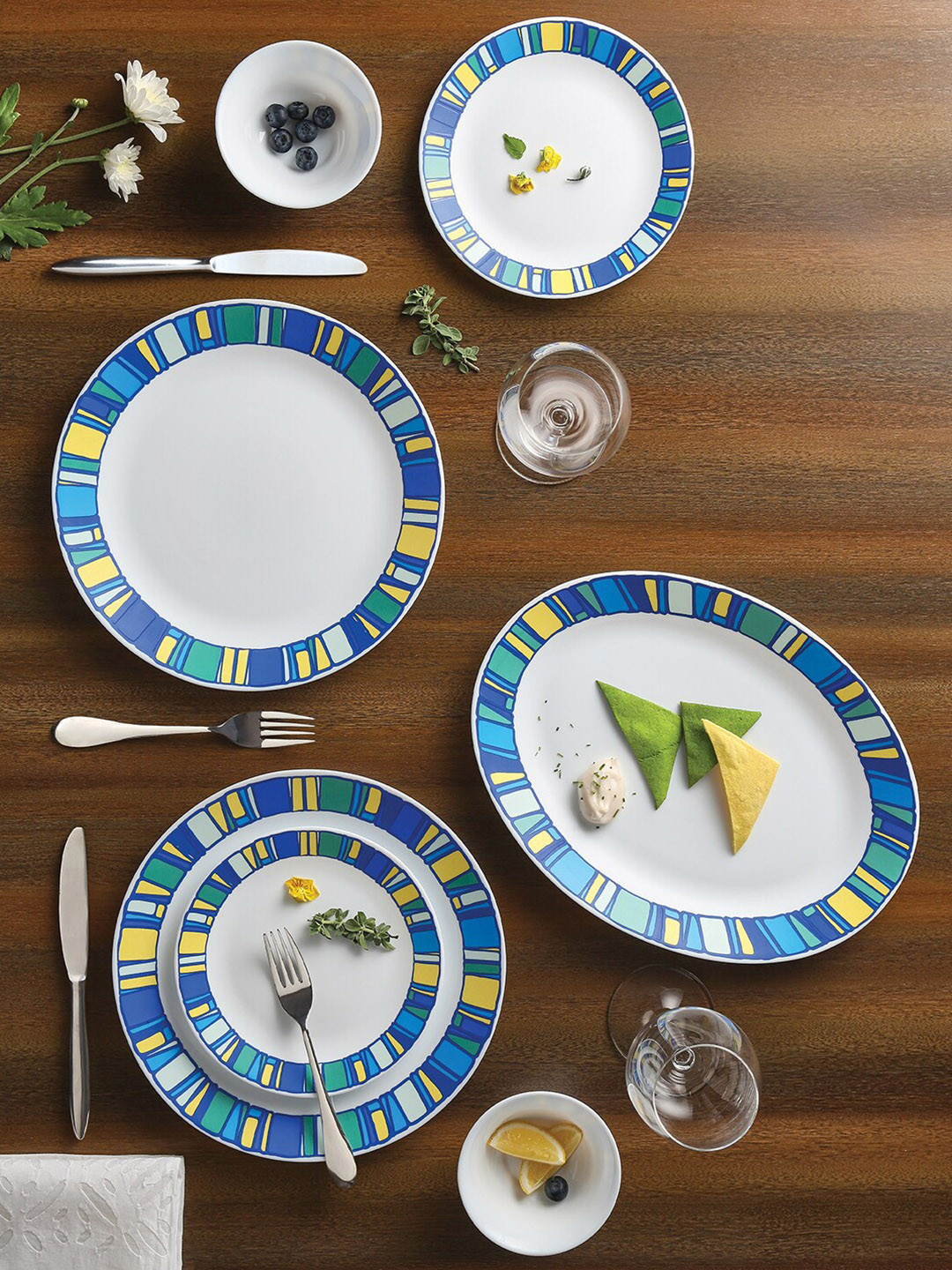 Larah by BOROSIL Tiara Series Sapphire White Geometric Opalware Microwave Safe 21 Piece Dinner Set