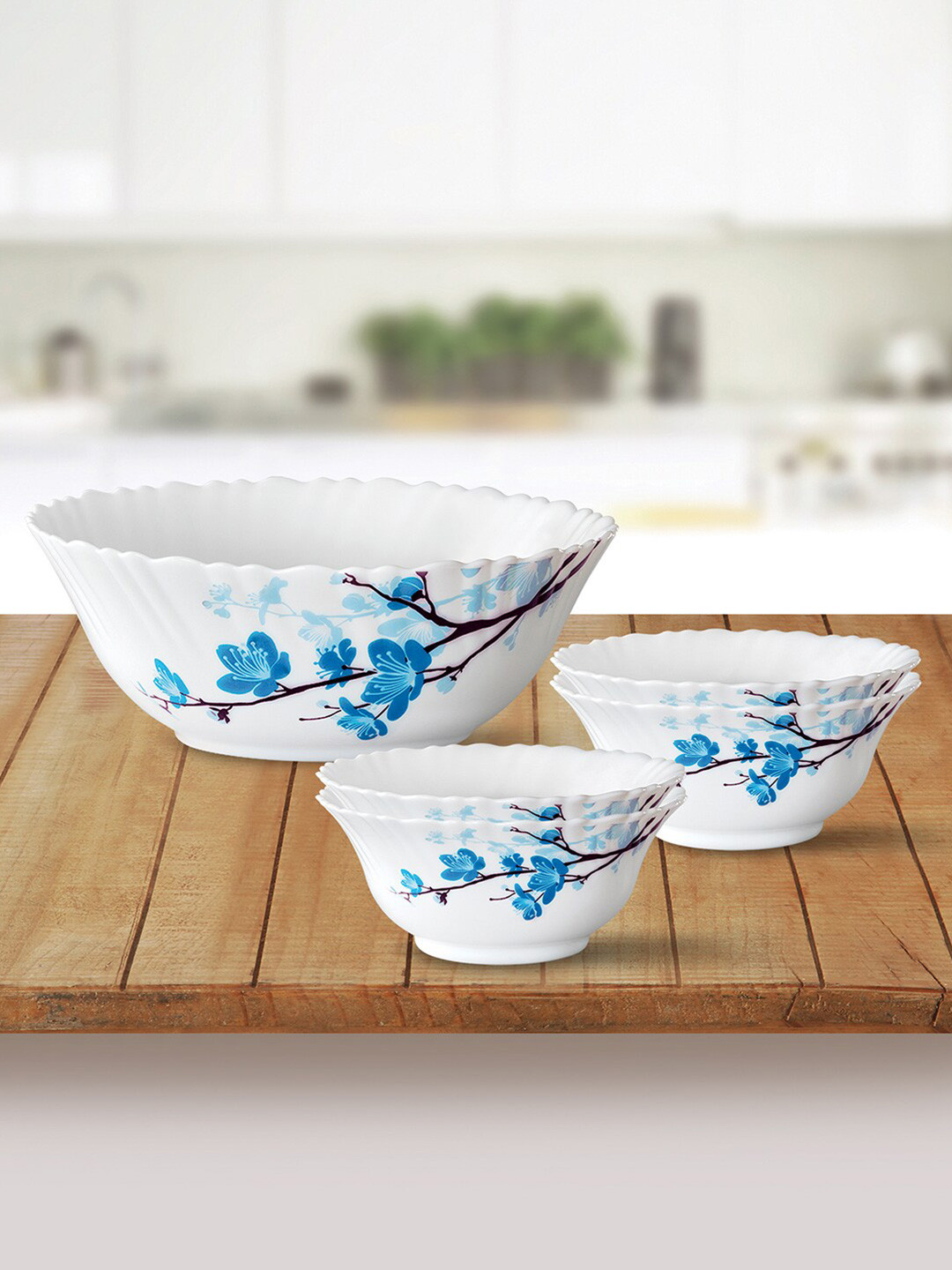 Larah by BOROSIL Fluted Mimosa Set Of 5 White & Blue Floral Printed Opalware Glossy Bowls