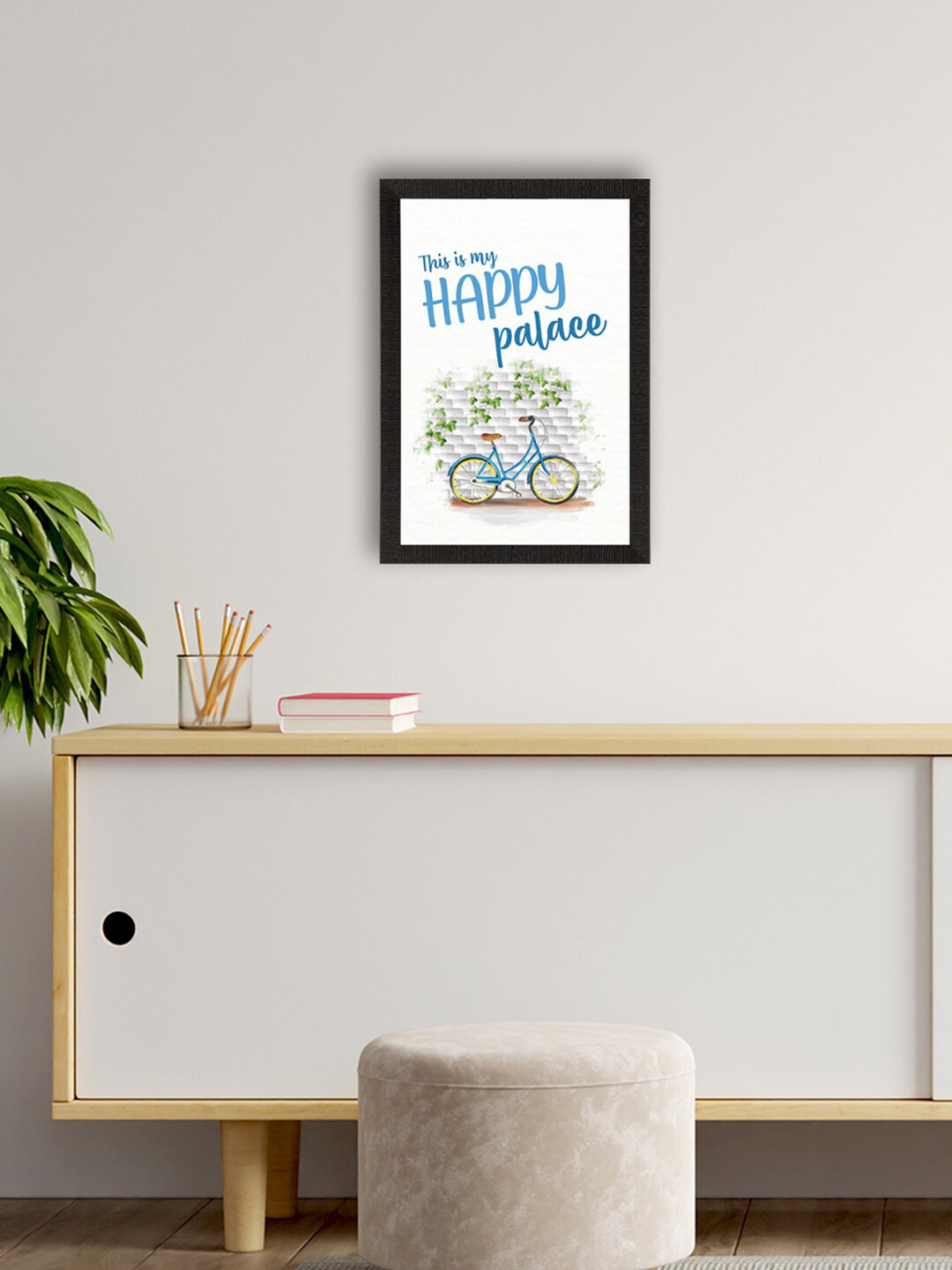 eCraftIndia White & Blue This Is My Happy Place Printed Framed Wall Art