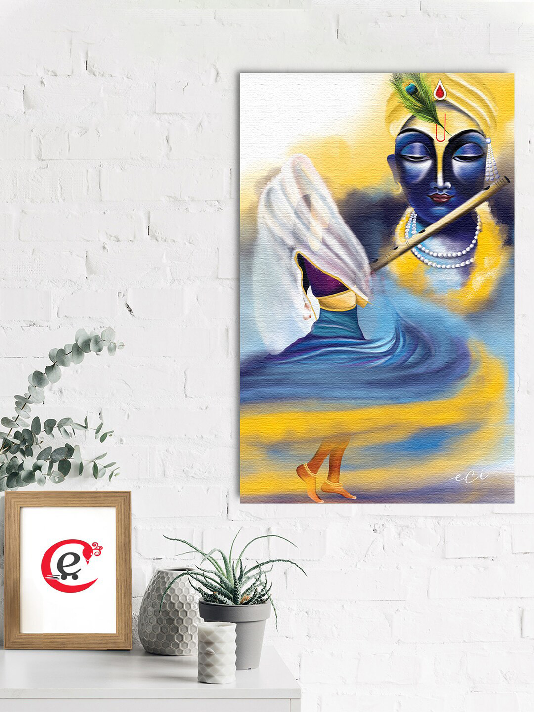 eCraftIndia Blue & Yellow Meera Krishna Printed Framed Wall Art