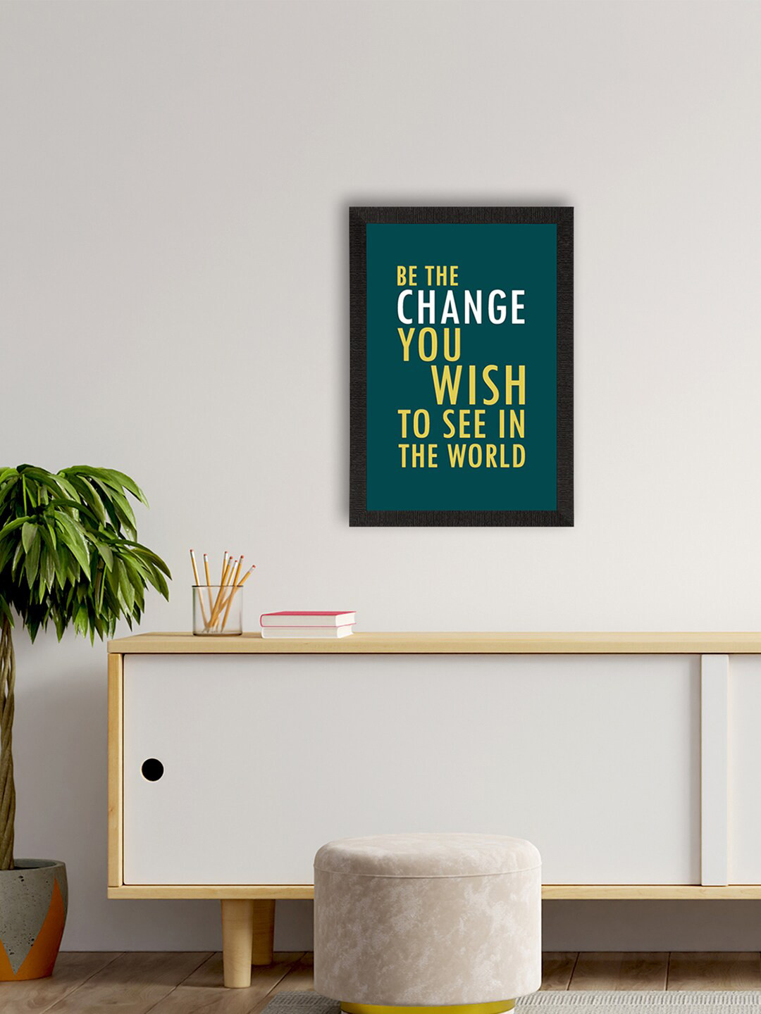 eCraftIndia Green & Yellow Be The Change Printed Framed Wall Art
