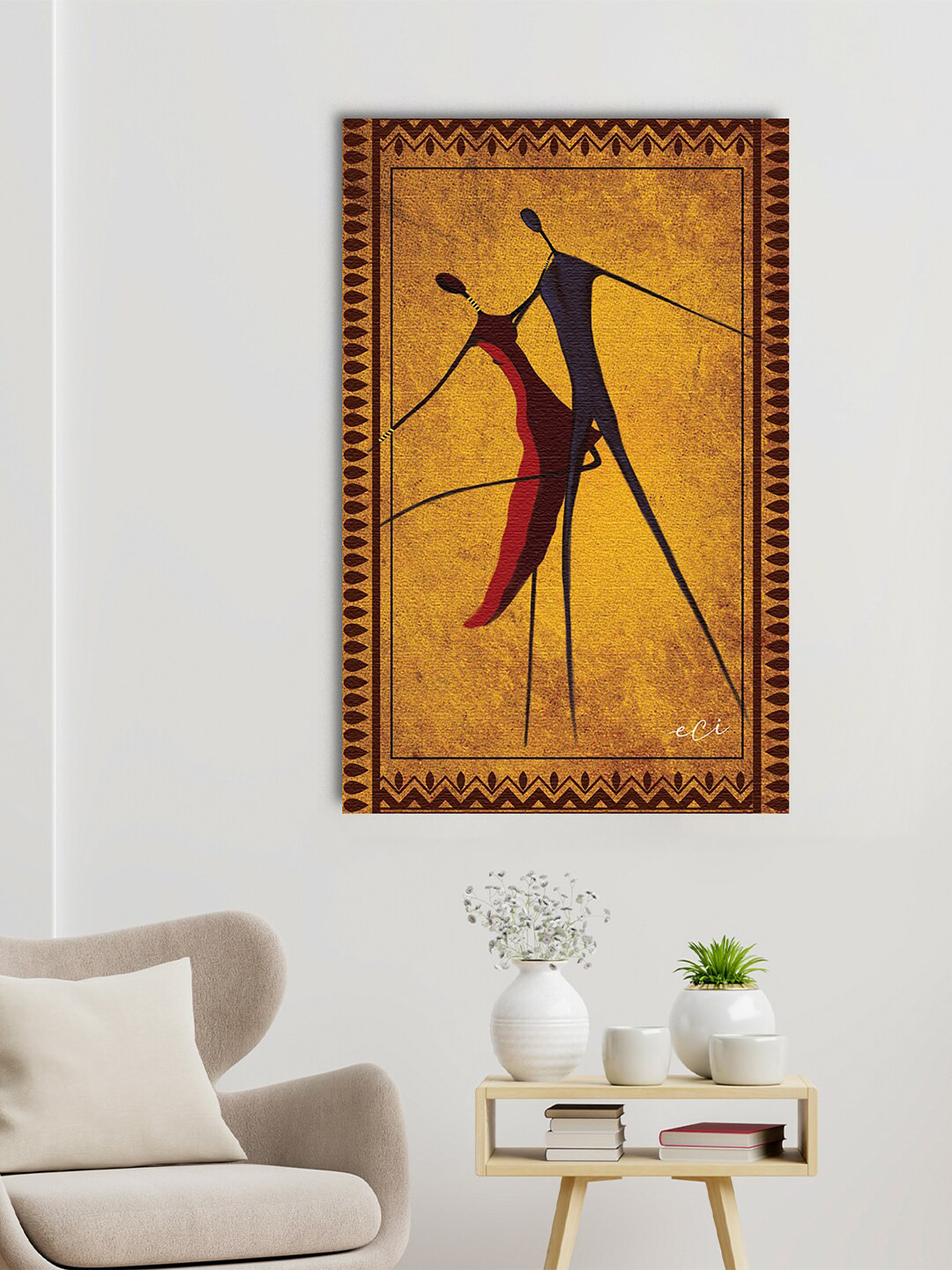 eCraftIndia Yellow Tribal Dance Canvas Wall Painting