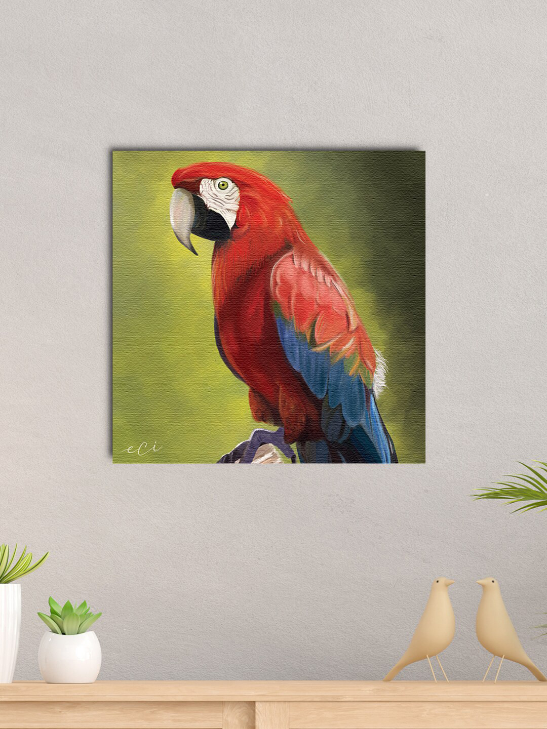 eCraftIndia Green & Red Colorful Parrot on Tree Original Design Canvas Printed Wall Painting