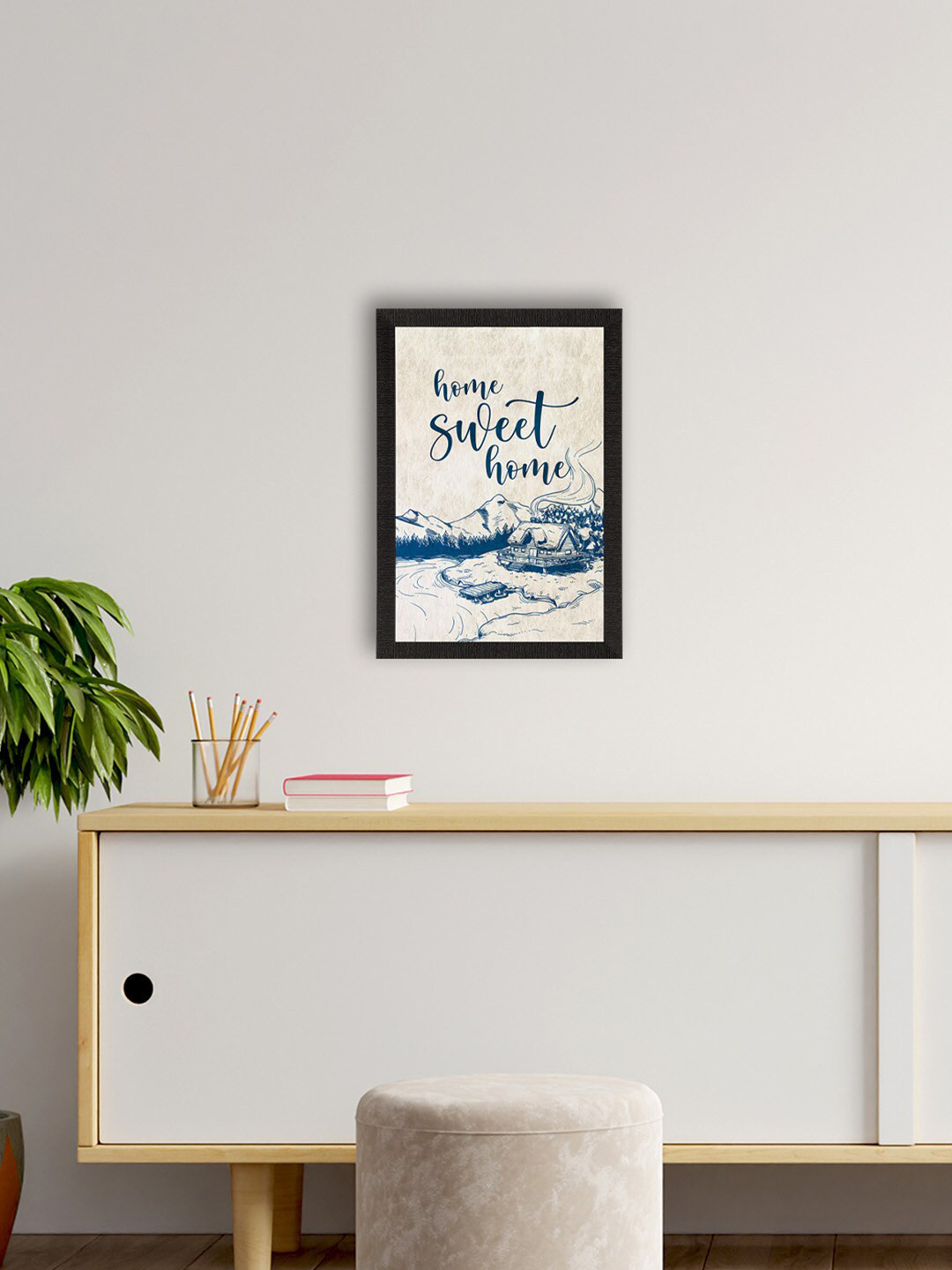 eCraftIndia Off-White & Blue Home Sweet Home Printed Framed Wall Art