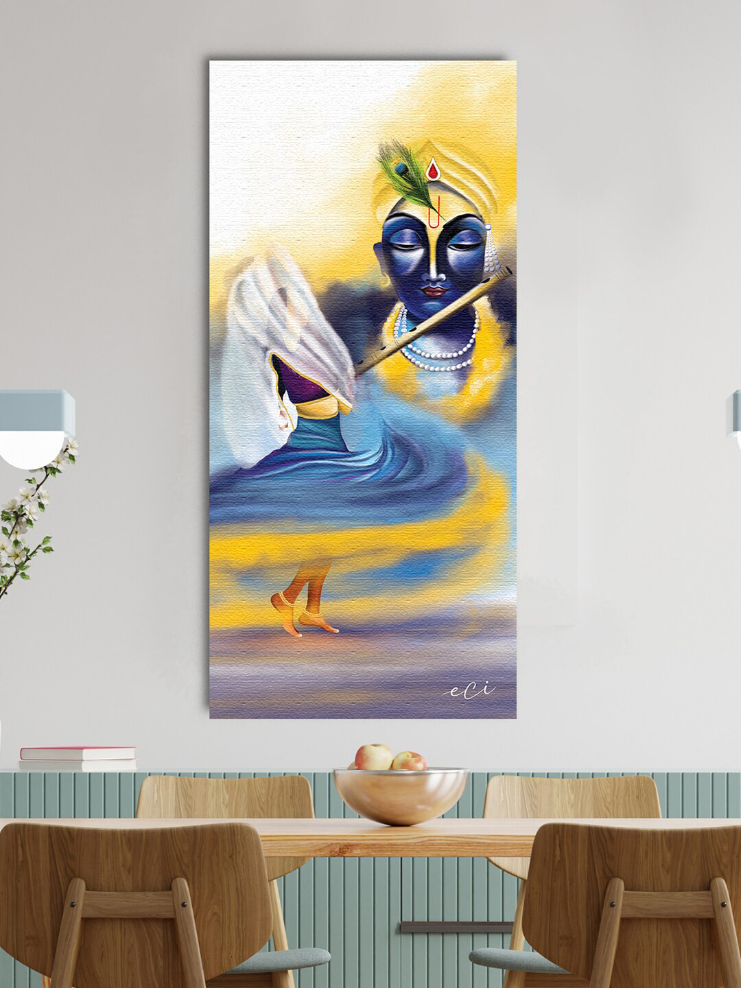 eCraftIndia Lord Krishna With Flute Canvas Wall Rectangle Paintings Wall Art - 24 x 48In