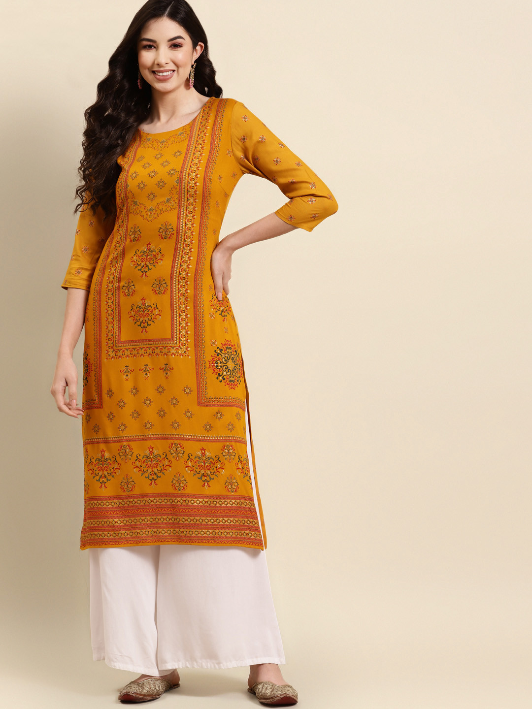 RANGMAYEE Women Mustard Yellow & Red Ethnic Motifs Printed Block Print Kurta