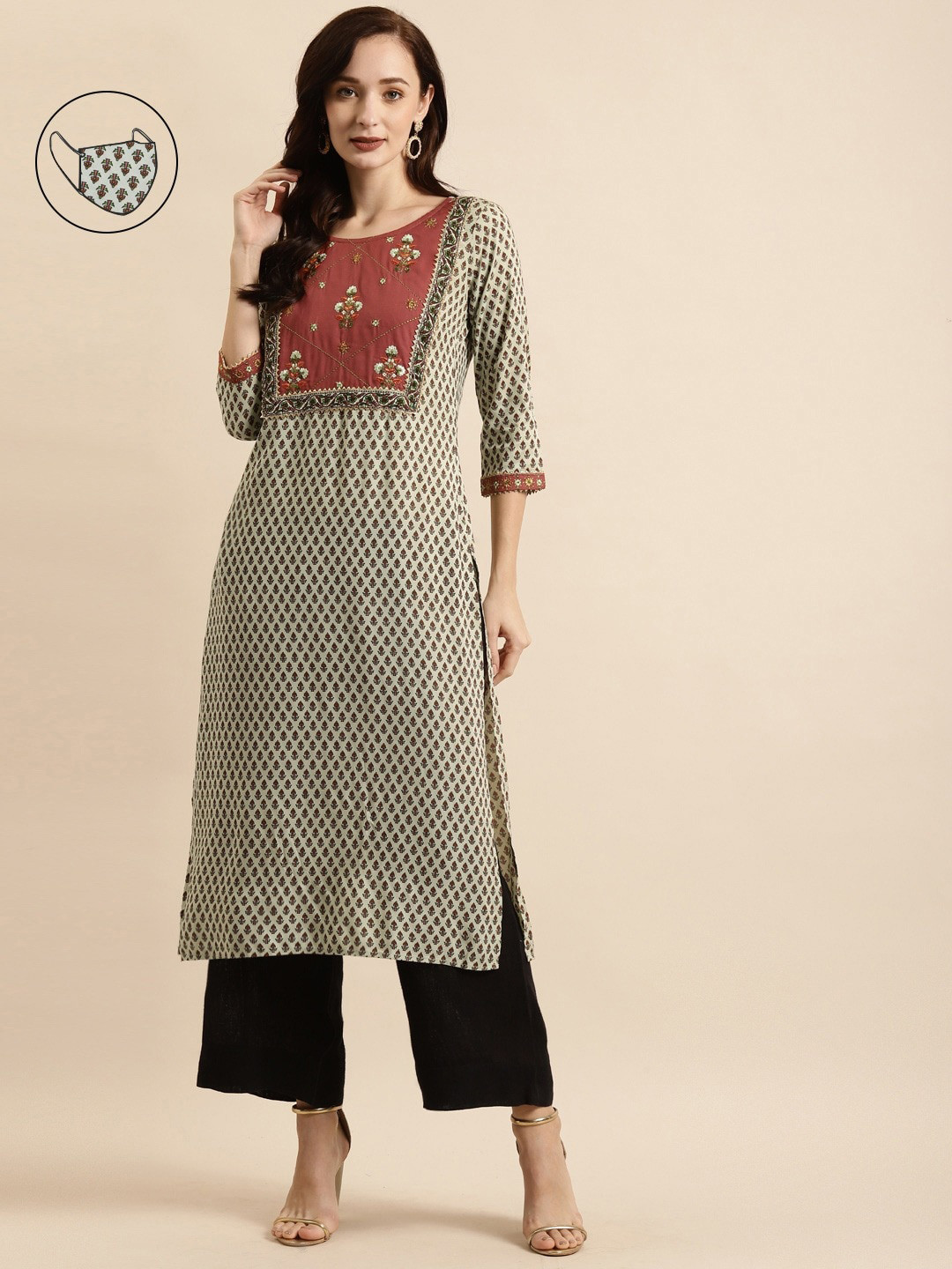 RANGMAYEE Women Cream-Coloured Ethnic Motifs Printed Thread Work Liva Kurta with a Mask