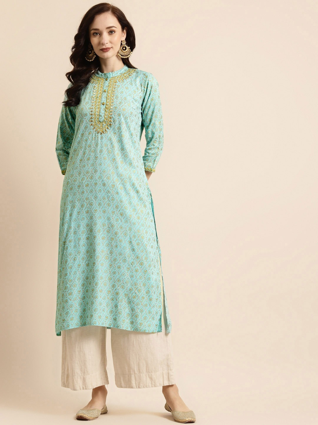 RANGMAYEE Women Turquoise Blue & Gold-Toned Geometric Liva A-line Kurta With Masks