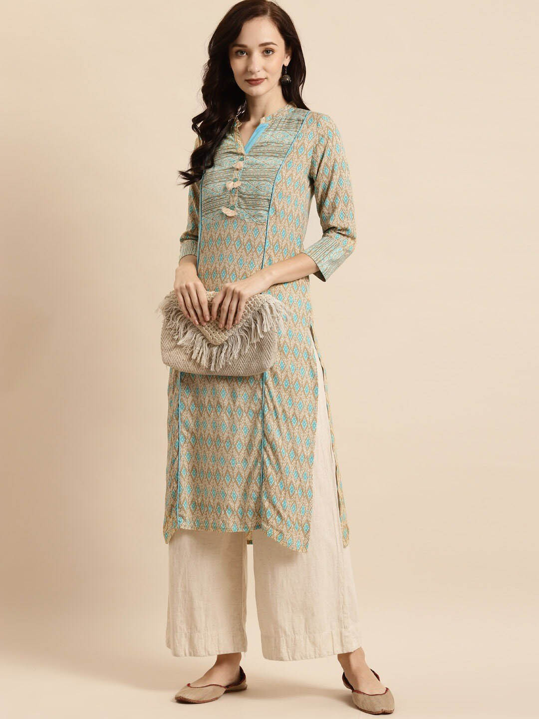 RANGMAYEE Women Beige Plus Size Ethnic Motifs Screen Print Kurta