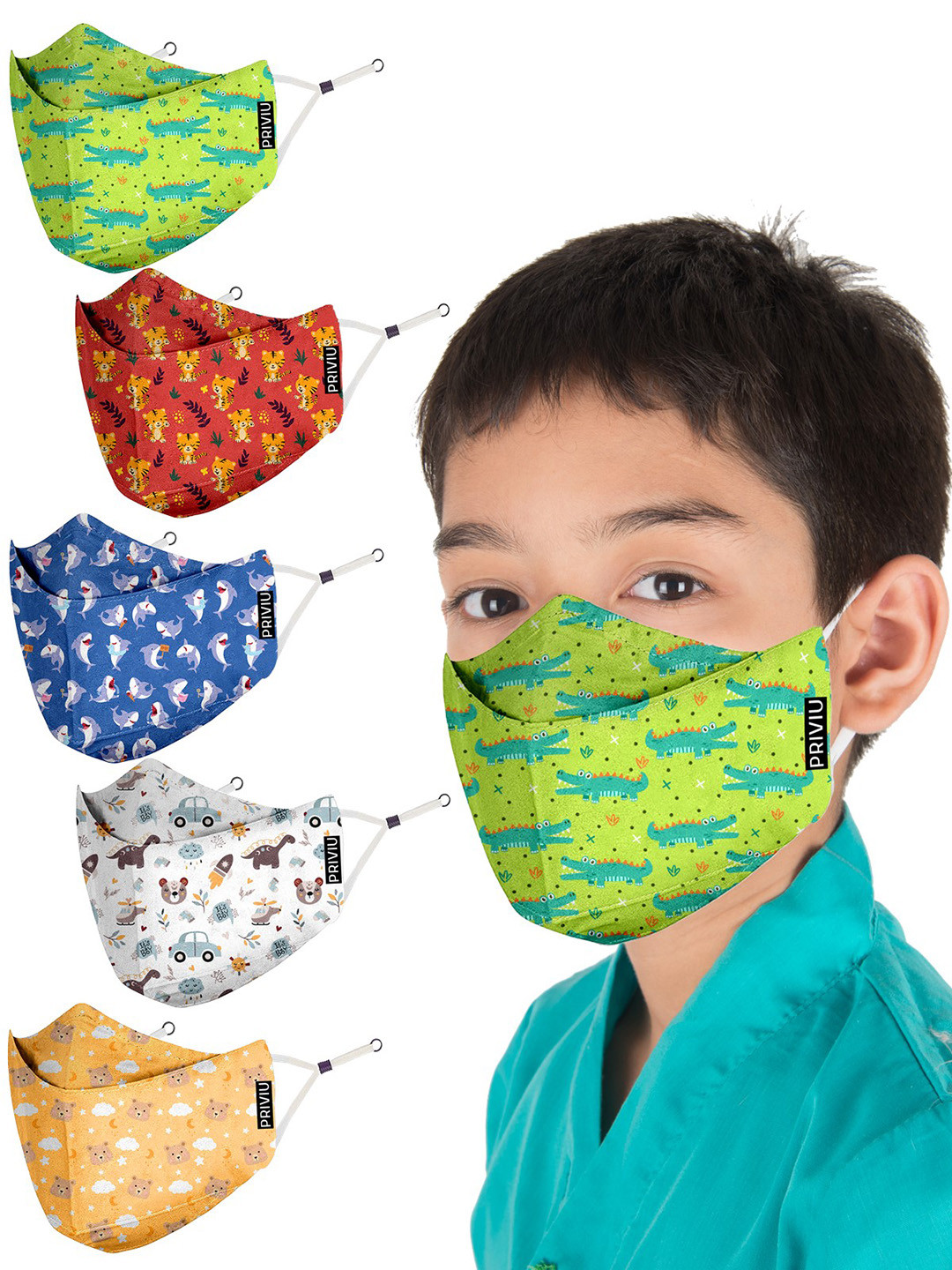 PRIVIU Kids Pack Of 5 Printed 4-Ply Anti-Bacterial Face Masks
