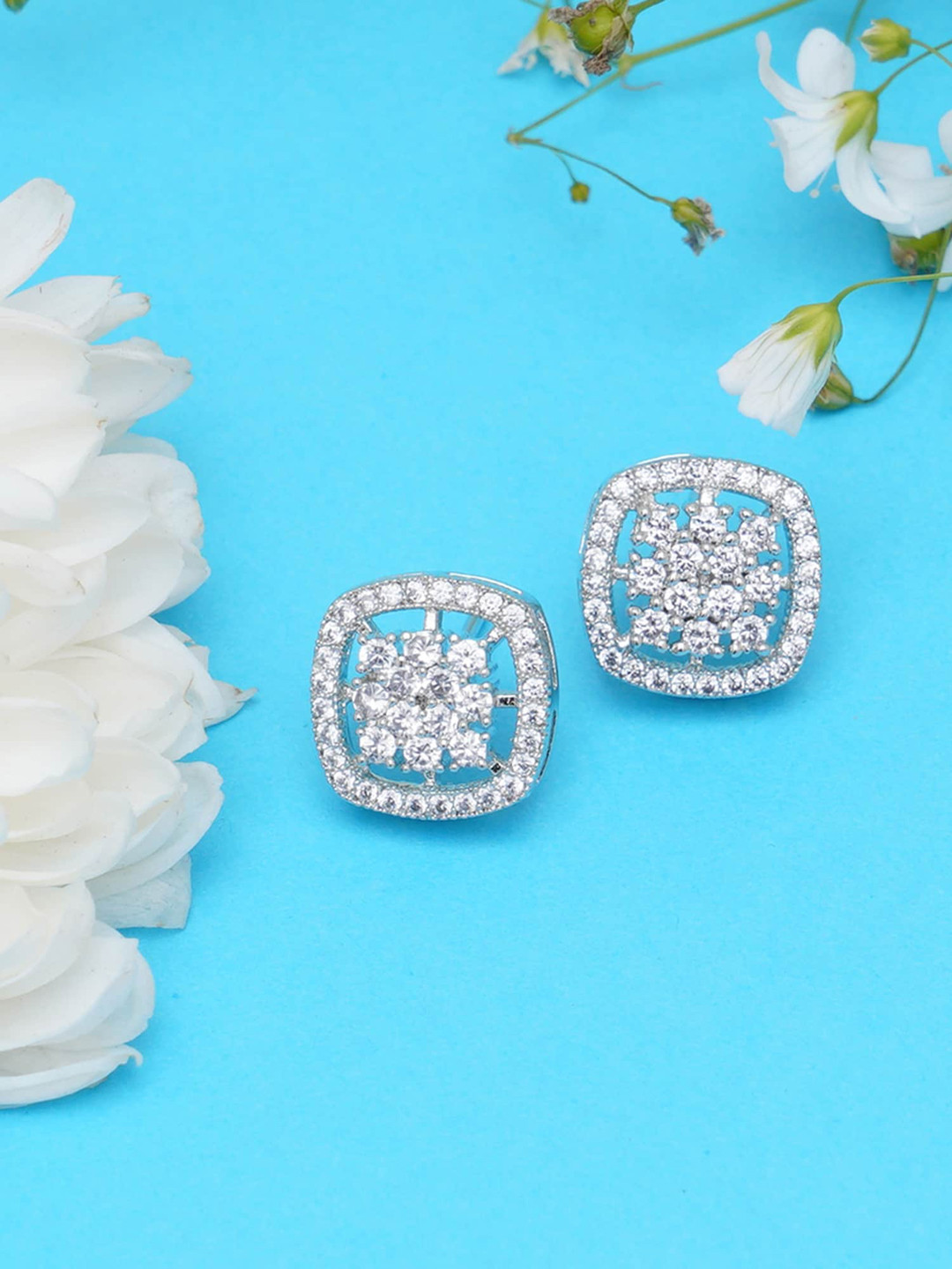 KARATCART Silver-Toned AD-Studded Contemporary Studs Earrings