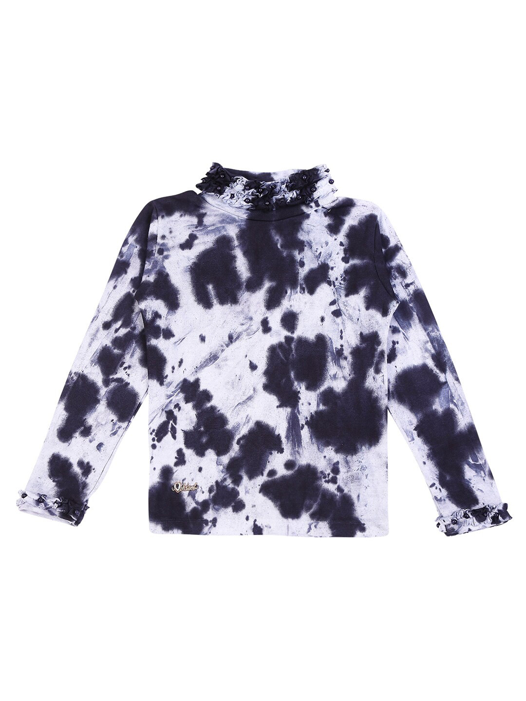 Actuel Navy Blue Tie and Dye Print Pure Cotton Pearl Studded Top