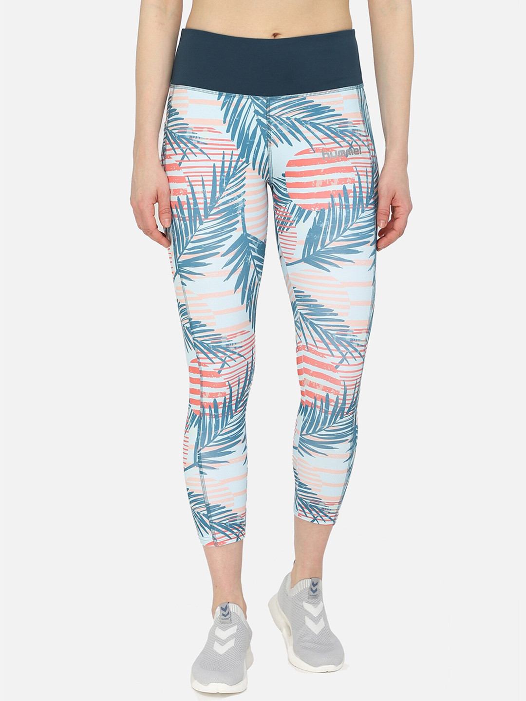 hummel Women Blue & Pink Printed High-Rise Training Tights