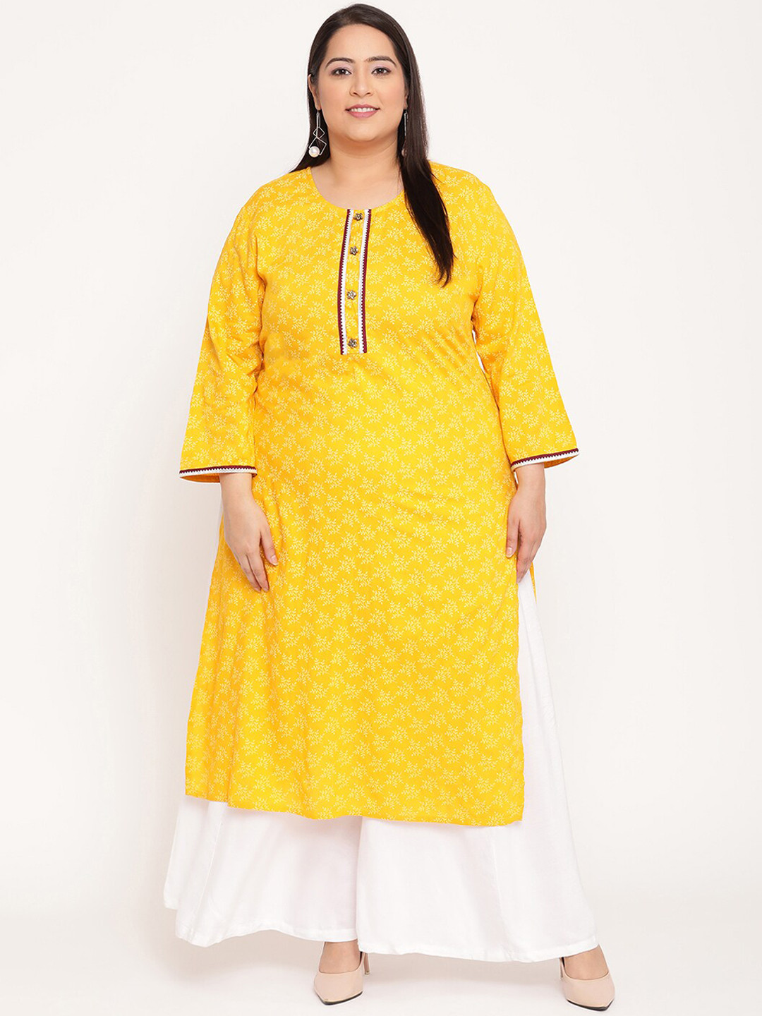 Sringam Plus Size Yellow Floral Printed Thread Work Kurta