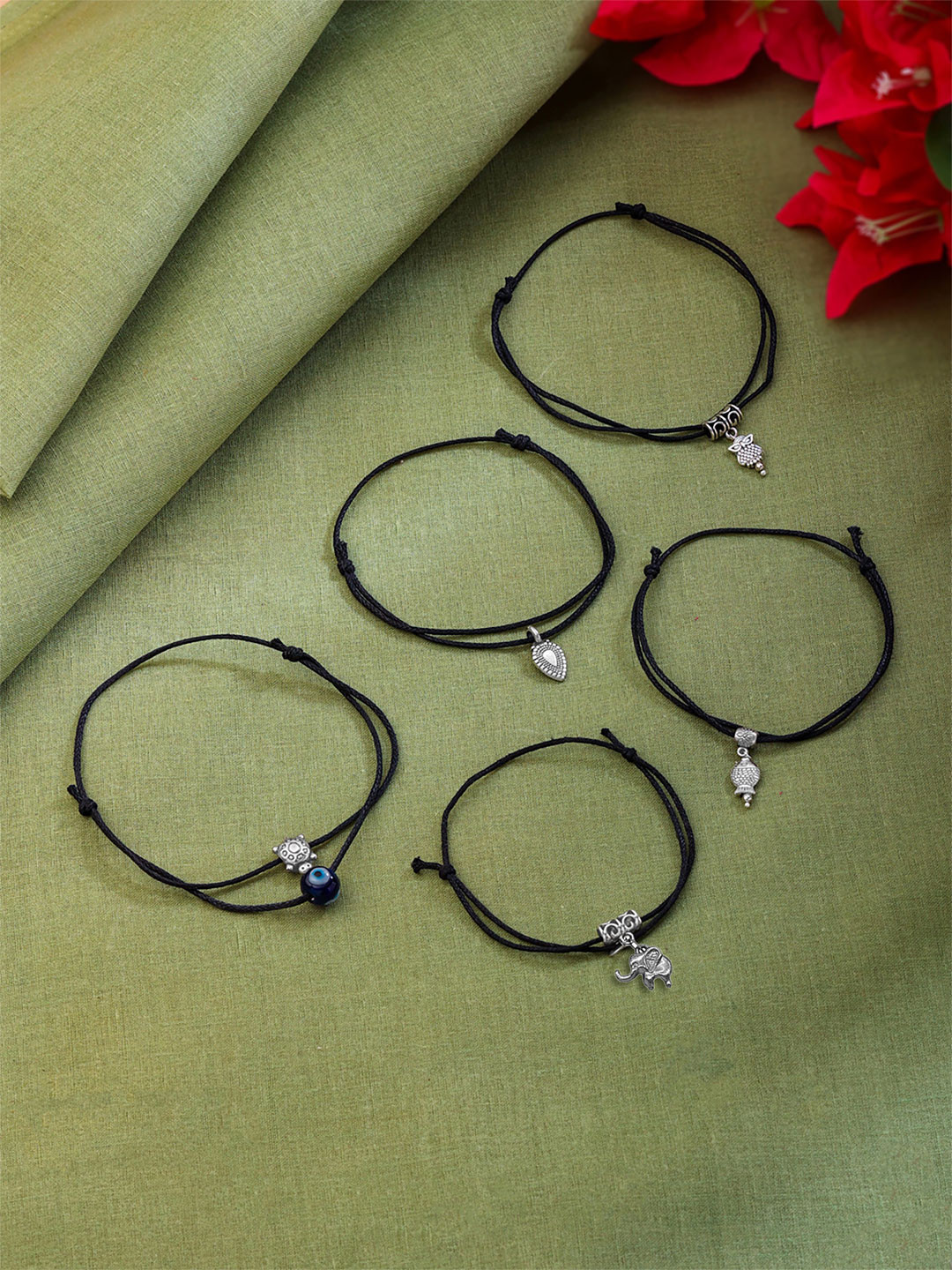 Yellow Chimes Set Of 5 Black Oxidised  Anklets Cum Bracelets