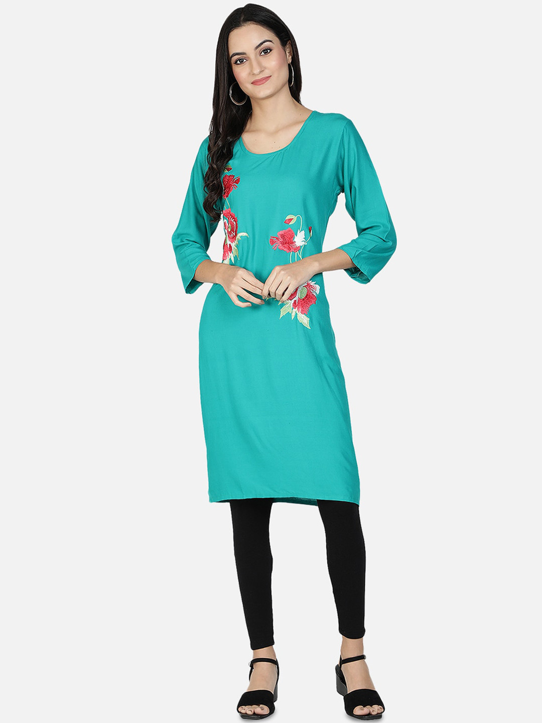 Fabclub Women Turquoise Blue Embroidered Thread Work Floral Kurta