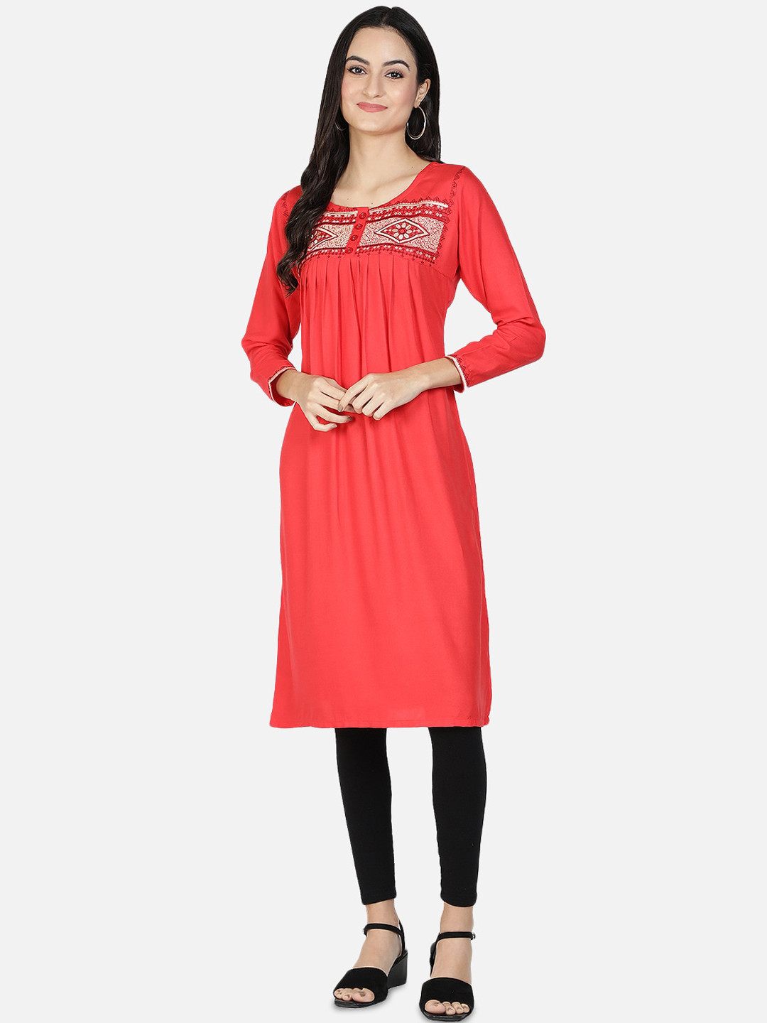 Fabclub Women Red Thread Work Kurta