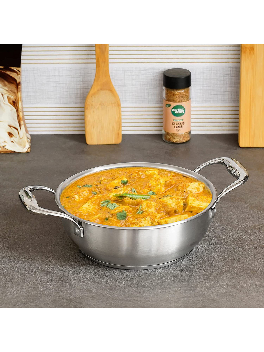 Femora Silver-Toned Stainless Steel Flat Kadhai with Handle