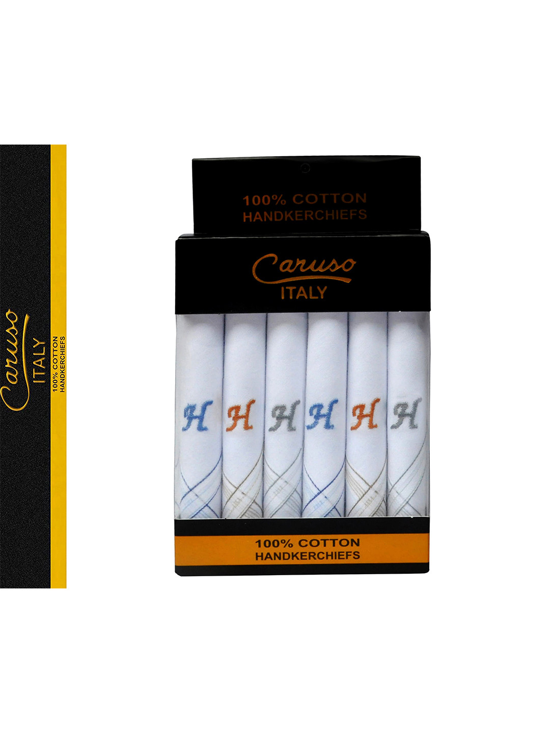 Caruso ITALY Men 6 Pieces White Embroidered Cotton Handkerchief Set