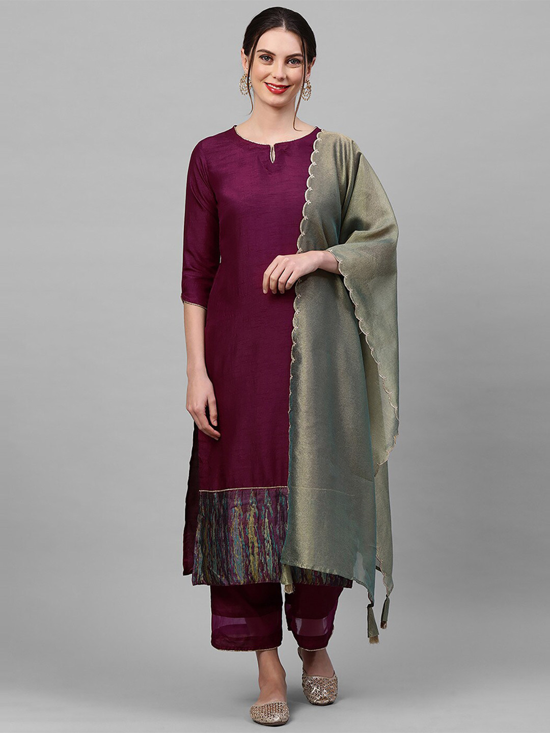 Indo Era Olive Green Solid Art Silk Dupatta