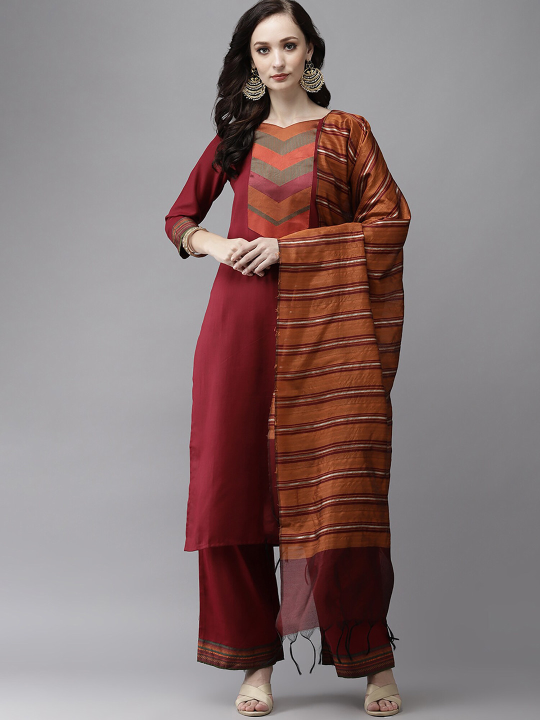 Indo Era Mustard & Purple Striped Art Silk Dupatta with Zari