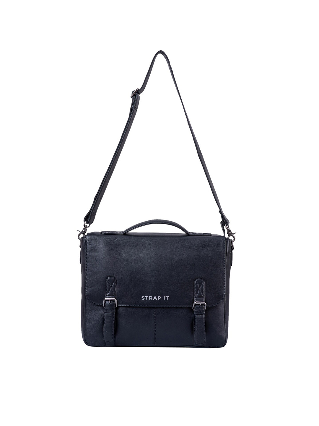 STRAP IT Men Black Solid 15 Inch Leather Laptop Bag