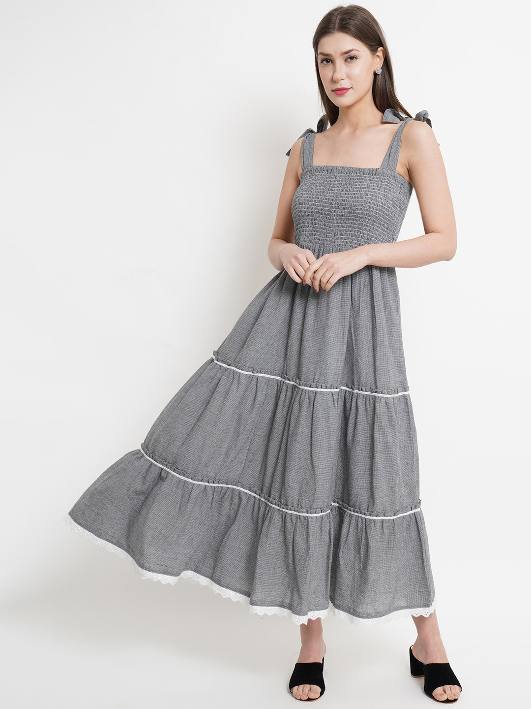 Purple State Women Grey A-Line Tiered Cotton Maxi Dress