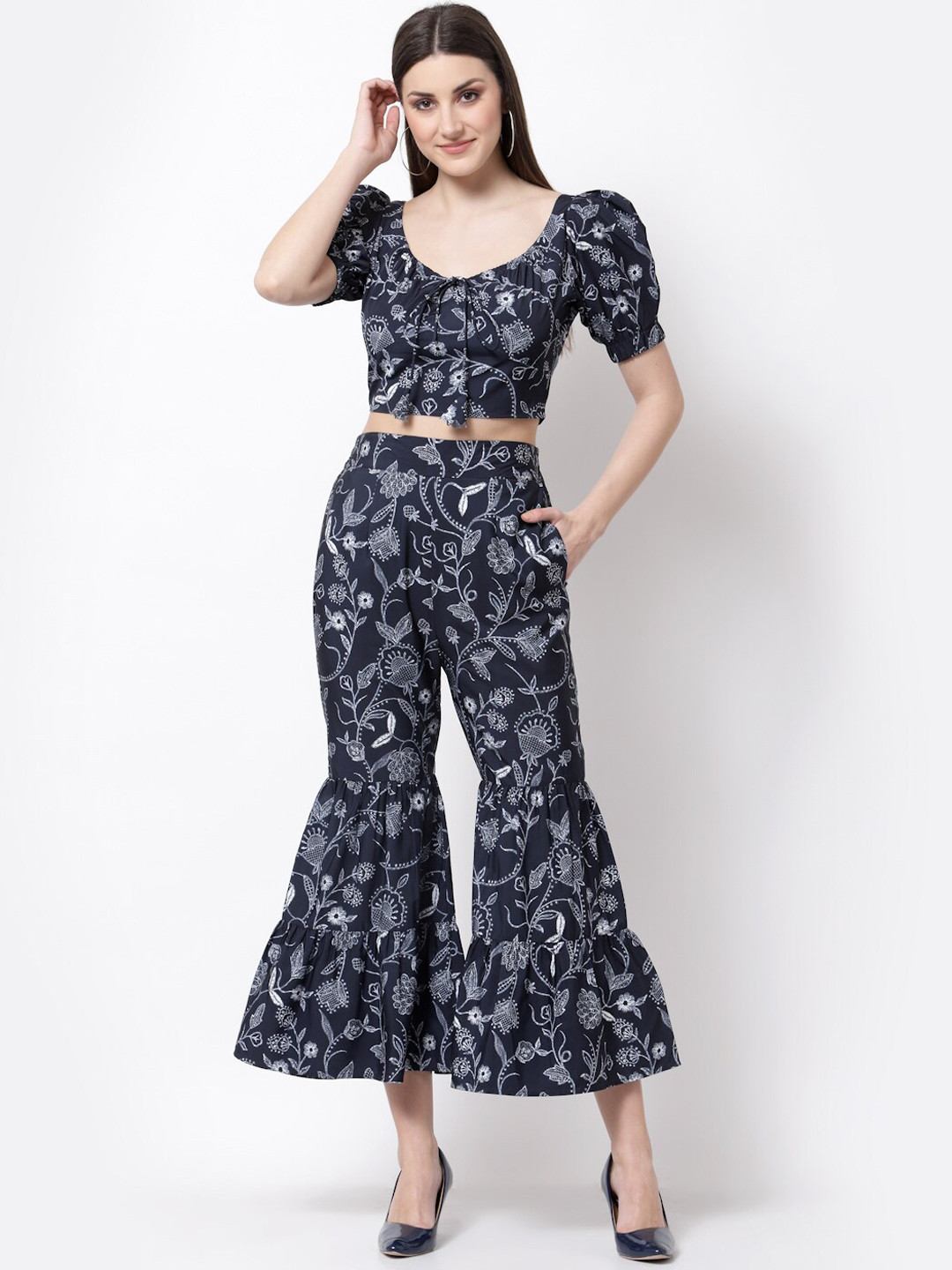 BLANC9 Women Blue Co-Ord Set With Puffed Sleeve Top And Printed Flared Trouser