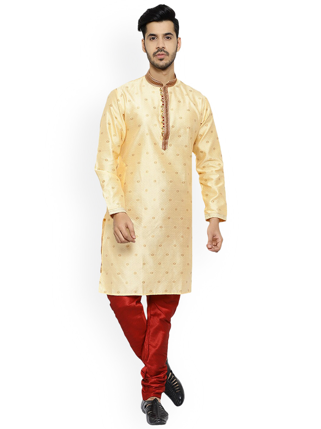Pro-Ethic STYLE DEVELOPER Men Gold-Toned Ethnic Motifs Embroidered Kurta with Pyjamas