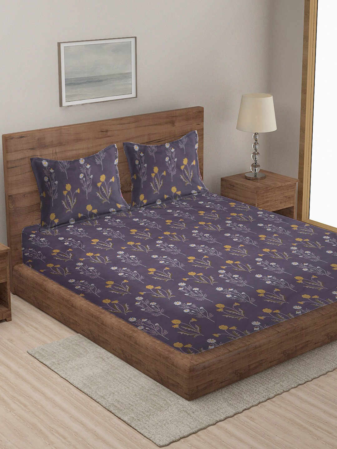 KLOTTHE Charcoal Floral Cotton 210 TC King Fine Bedsheet with 2 Pillow Covers-98 x 87 inches