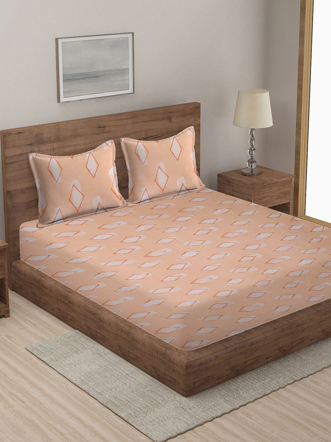 KLOTTHE Tan Geometric Cotton 300 TC King Fine Bedsheet with 2 Pillow Covers-98 x 87 inches