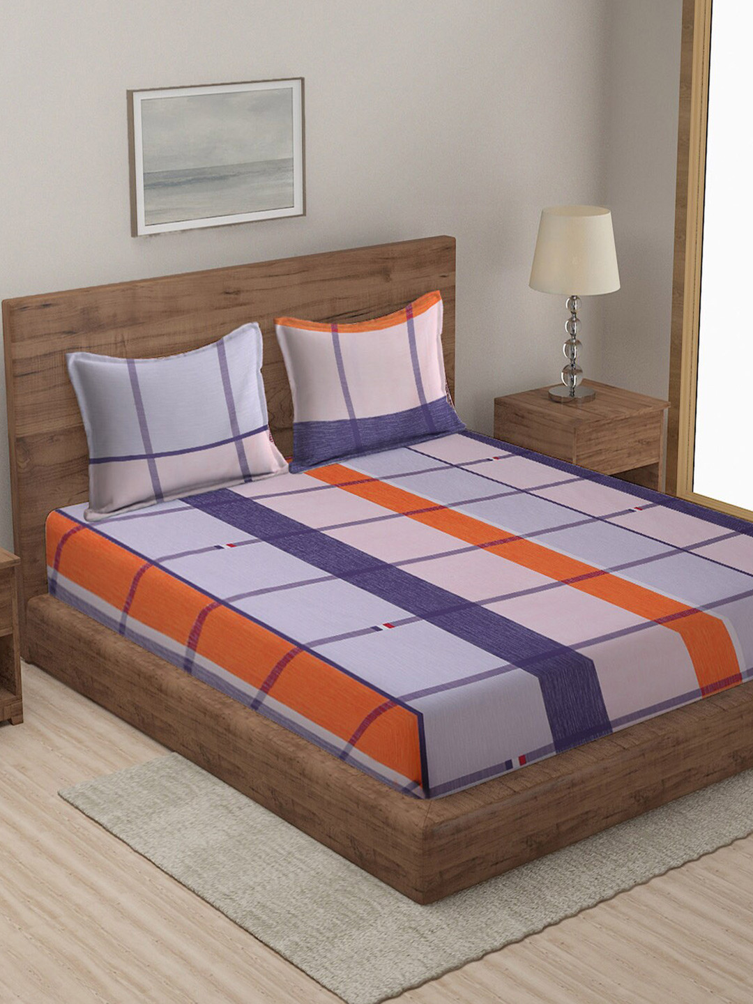 Grey & Navy Blue Geometric 300 TC King Bedsheet with 2 Pillow Covers