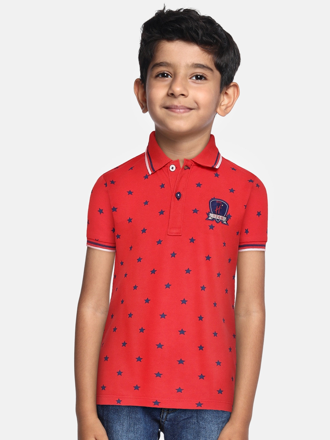 H By Hamleys Boys Red & Navy Blue Printed Polo Collar Pure Cotton T-shirt