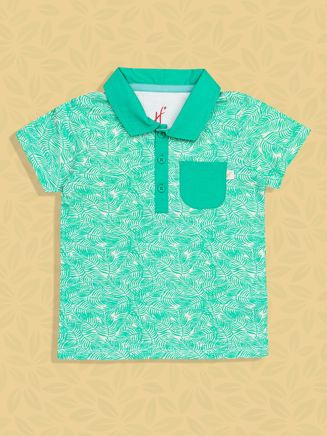 H By Hamleys Boys Green Printed Polo Collar Pure Cotton T-shirt