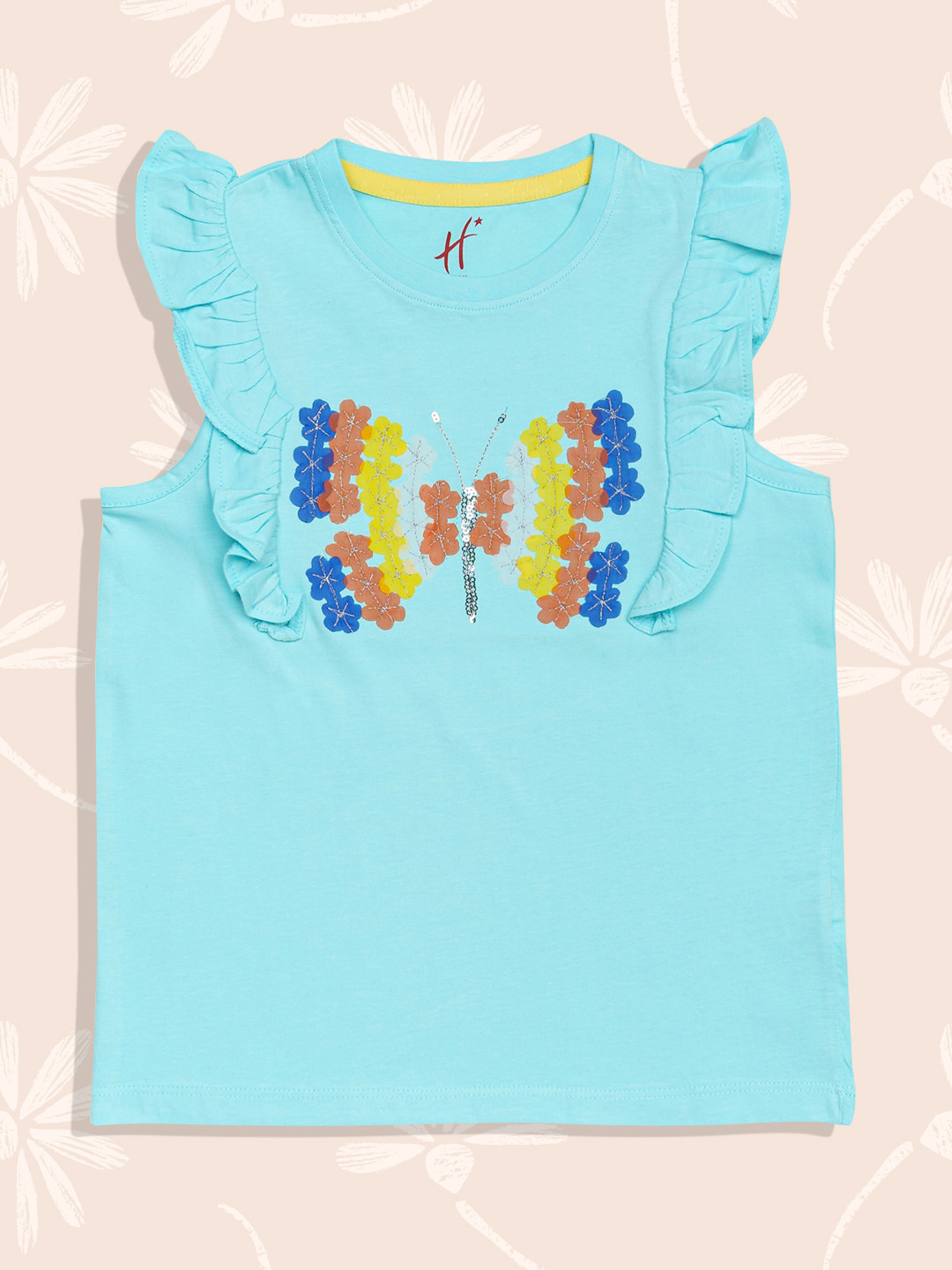 H By Hamleys Girls Green Printed Ruffles Pure Cotton Regular Top