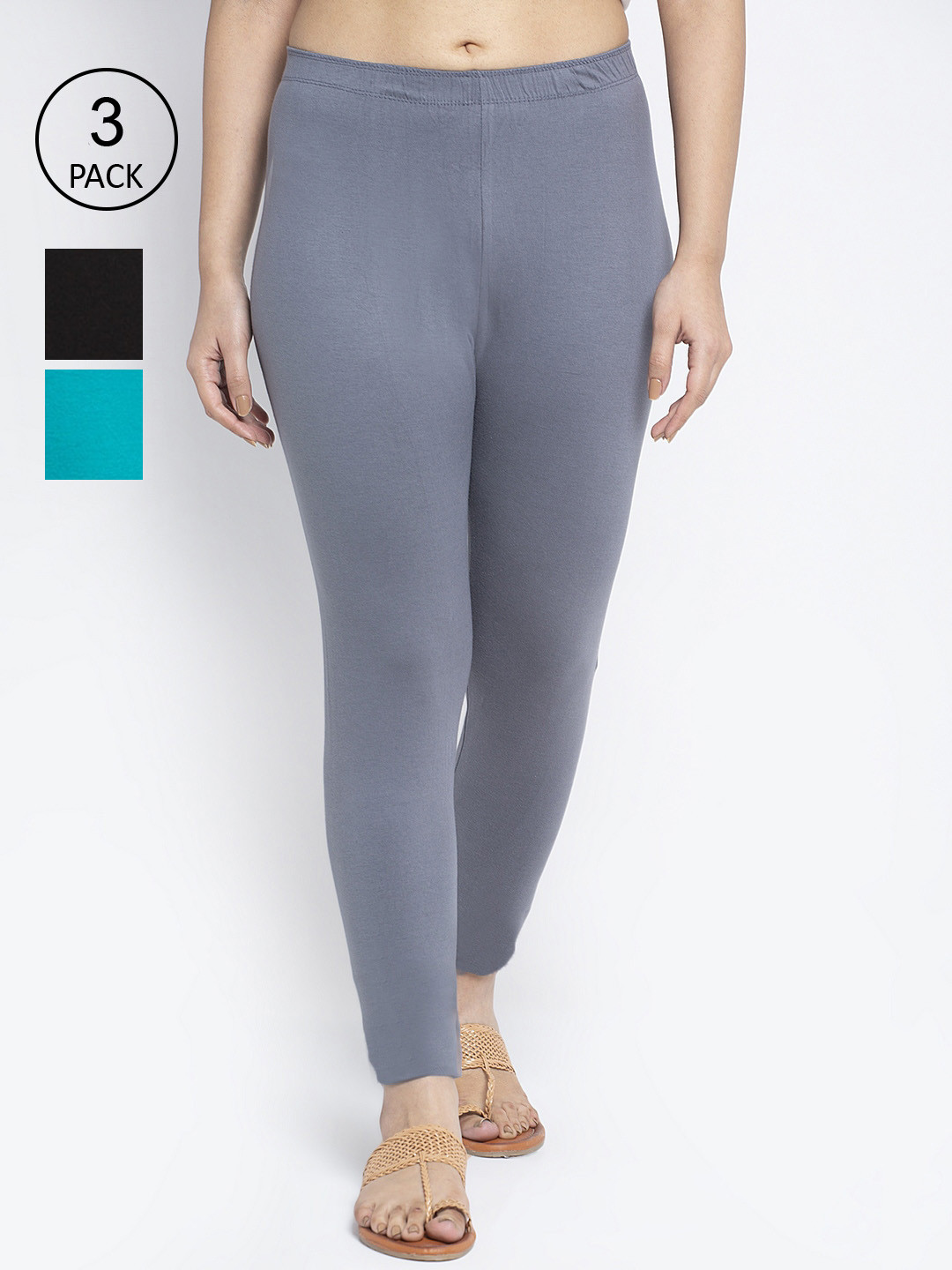 Jinfo Women Pack Of 3 Black & Grey Solid Leggings